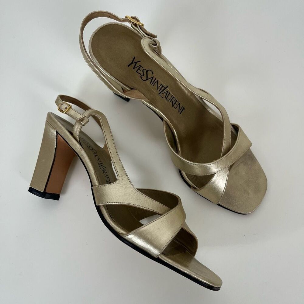 Yves Saint Laurent YSL Sandals Womens 6 Champagne Gold Strappy Slingback Heels
